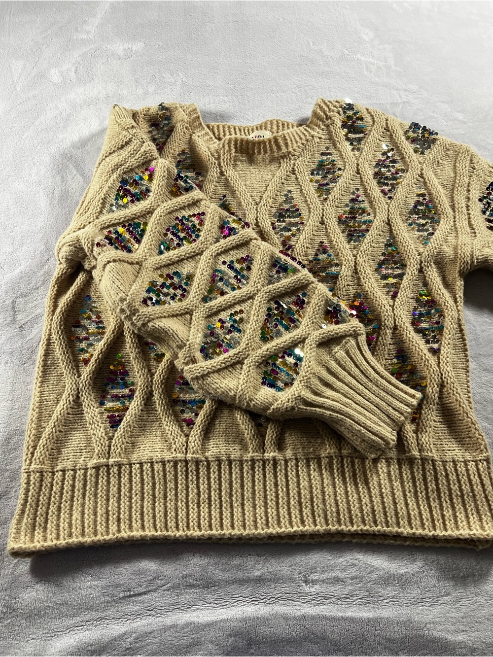 Bibi Beige Cable Knit Sweater with Multicolor Inset Multicolor Sequins Size XL - Picture 13 of 15